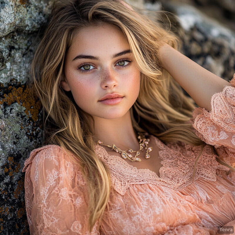 A young woman posing in front of large rocks covered in lichen and moss.