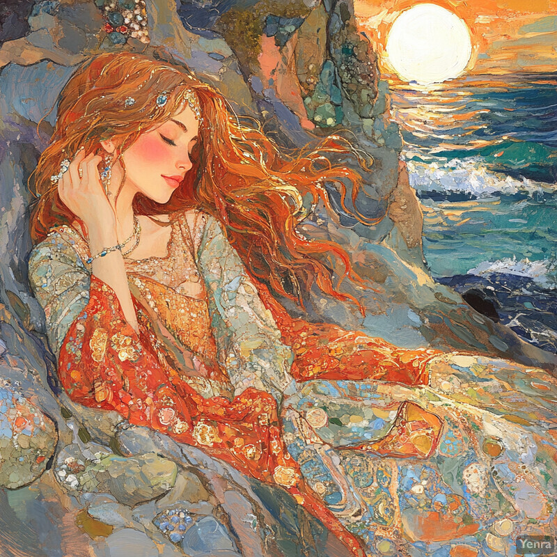 A woman sitting on a rocky outcropping overlooking the ocean at sunset