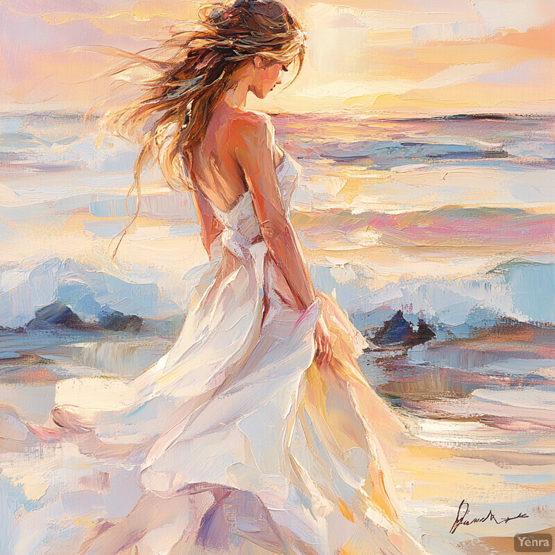 A woman in a white dress standing on a beach at sunset