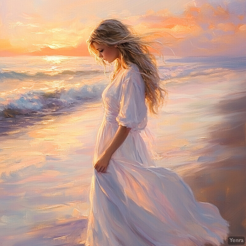 A serene scene of a woman embracing the dawn on a beach