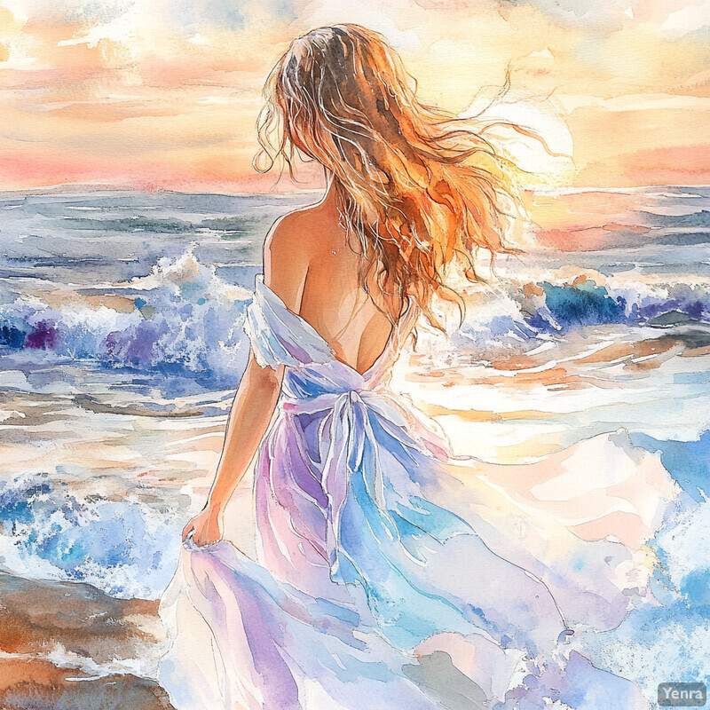 A woman stands on a beach at sunrise or sunset, lost in thought as she gazes out towards the horizon.