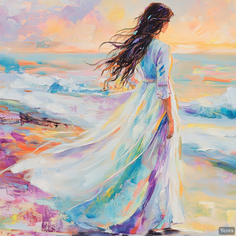 A woman walks on the beach at sunrise/sunset, her white dress billowing around her legs as she gazes out towards the horizon.