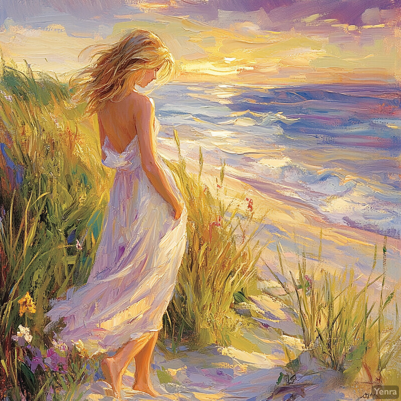 A serene beach scene with a woman standing on the sand, gazing out at the ocean.