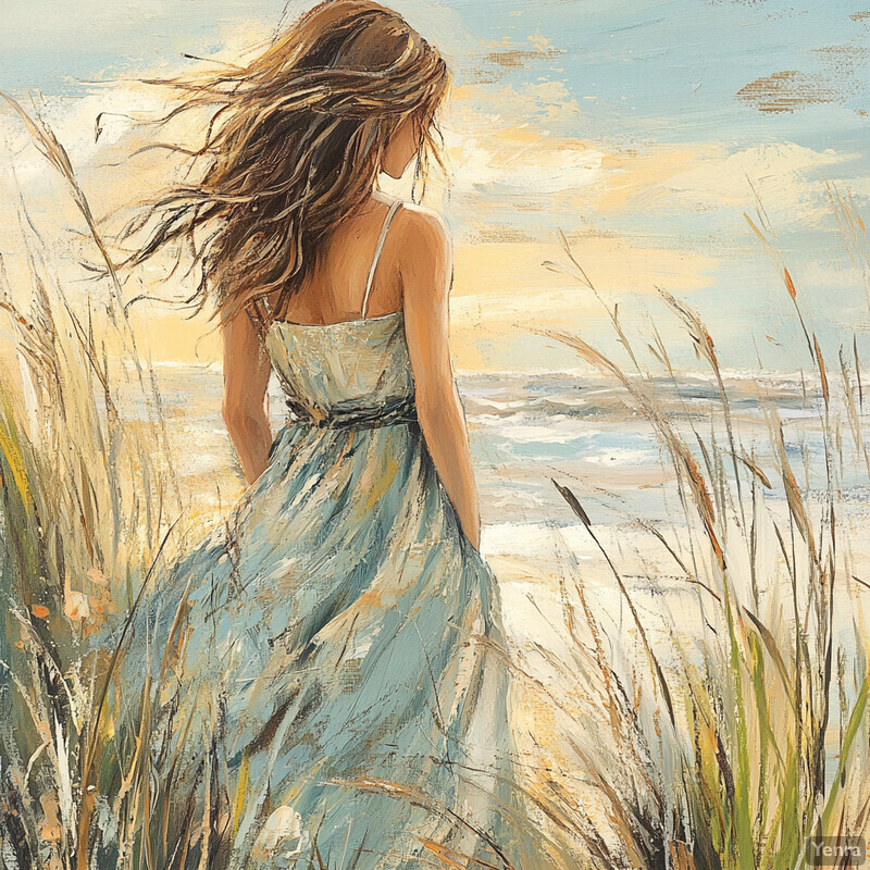 A woman stands amidst tall grasses, gazing out at the ocean in this serene painting.