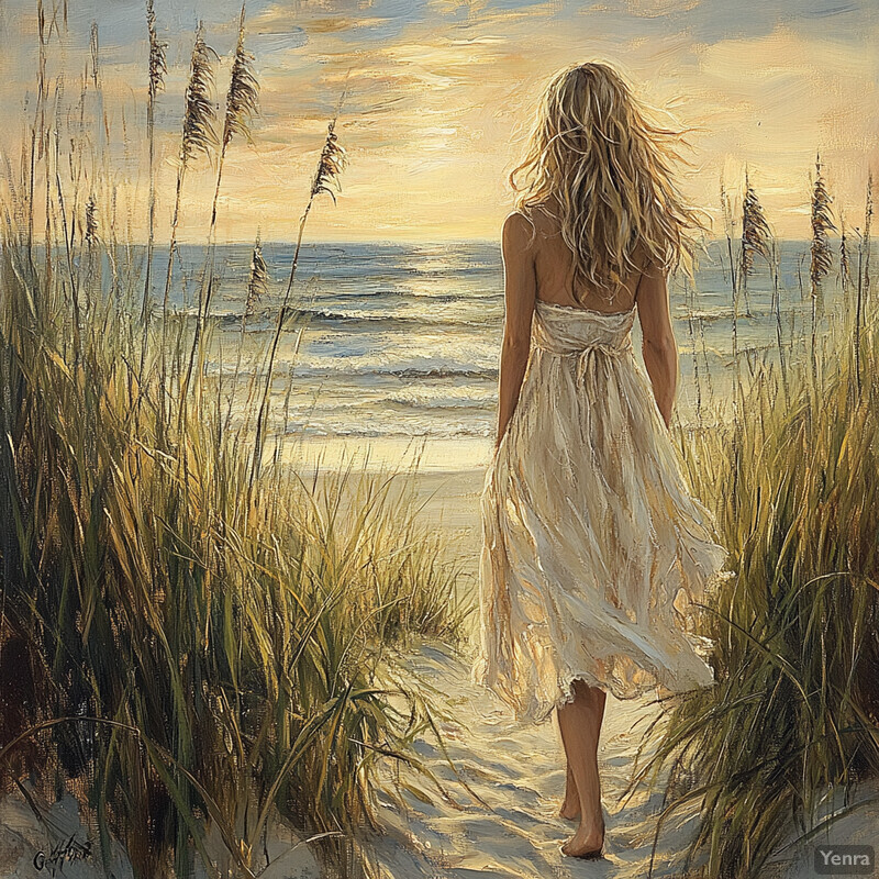 A woman walks through tall grass towards the ocean in this serene painting