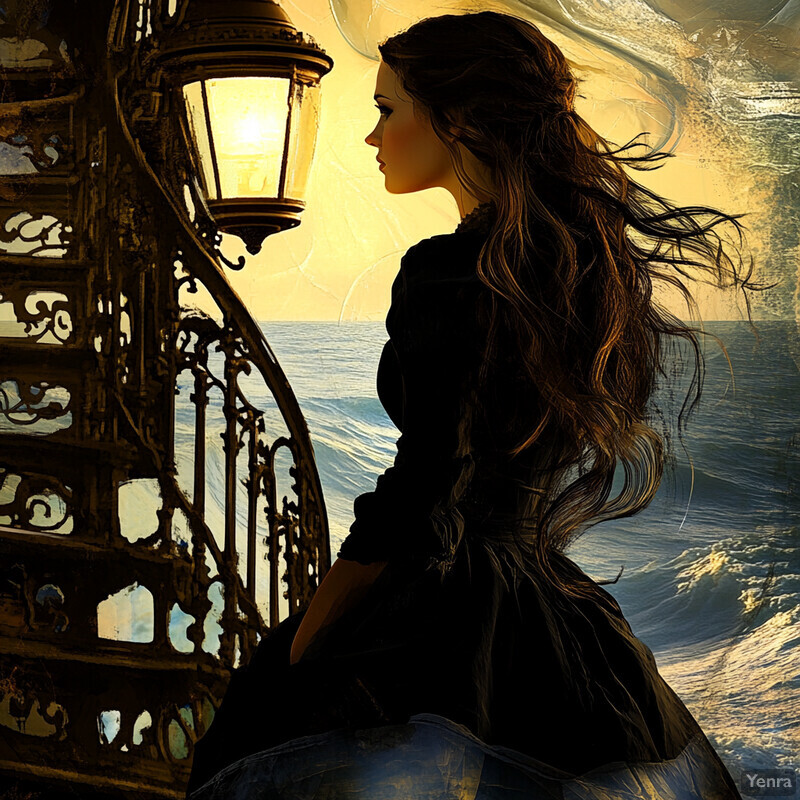 A woman stands on the deck of a ship, gazing out at the horizon.