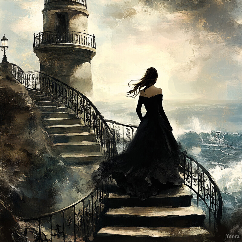 A woman in a black dress walks up the stairs of a lighthouse by the sea.