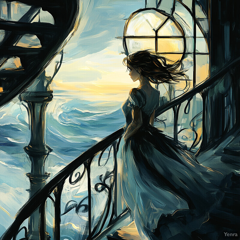 A woman stands on the deck of a lighthouse, gazing out at the sea.