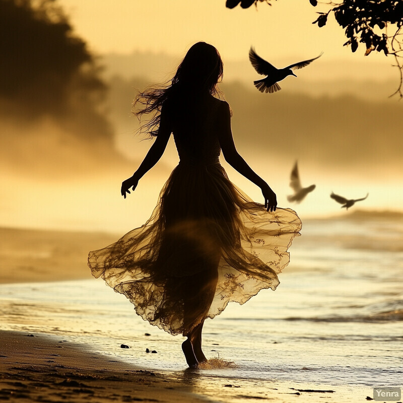 A woman dances on the beach at sunset, surrounded by birds flying overhead.