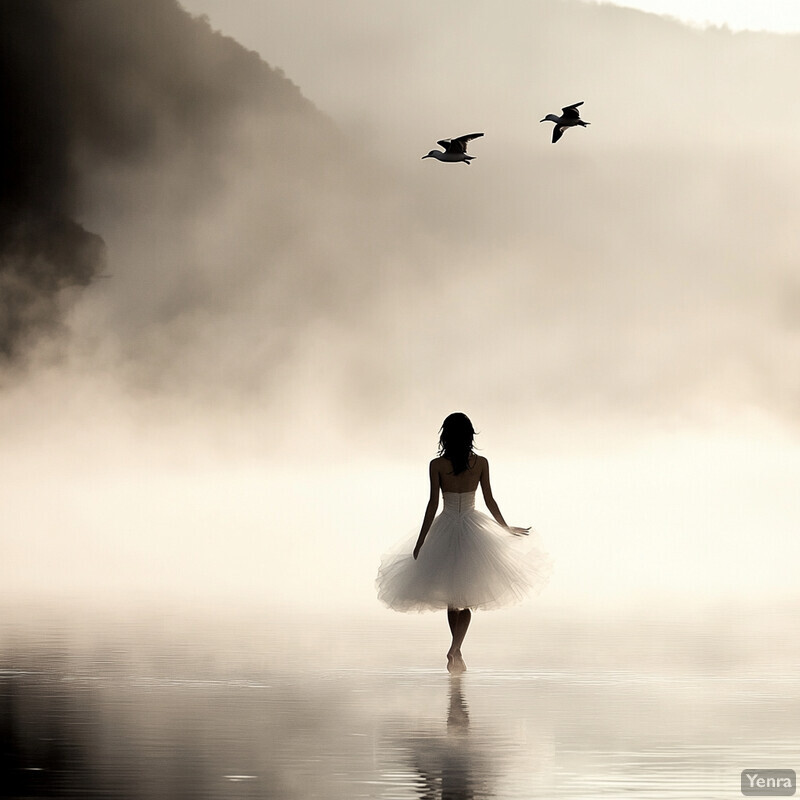 A woman in a white dress walks towards the water's edge