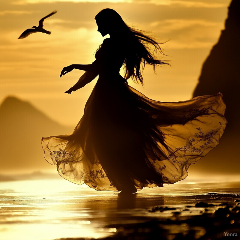 A woman in motion on a beach, surrounded by calm waters and distant mountains.