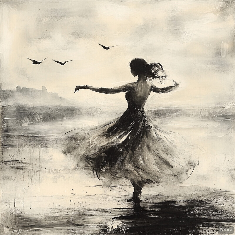 A woman dances on the beach, surrounded by the soothing sounds of the ocean and the freedom of open space.