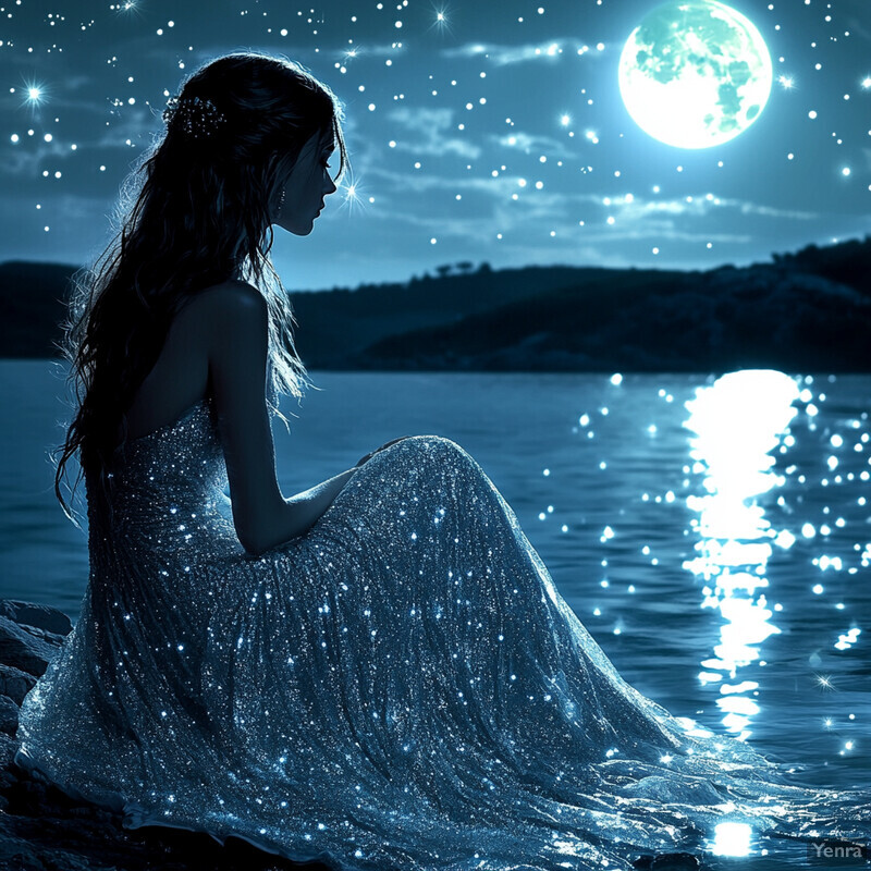 A woman sits by the water's edge at night, gazing up at the full moon.