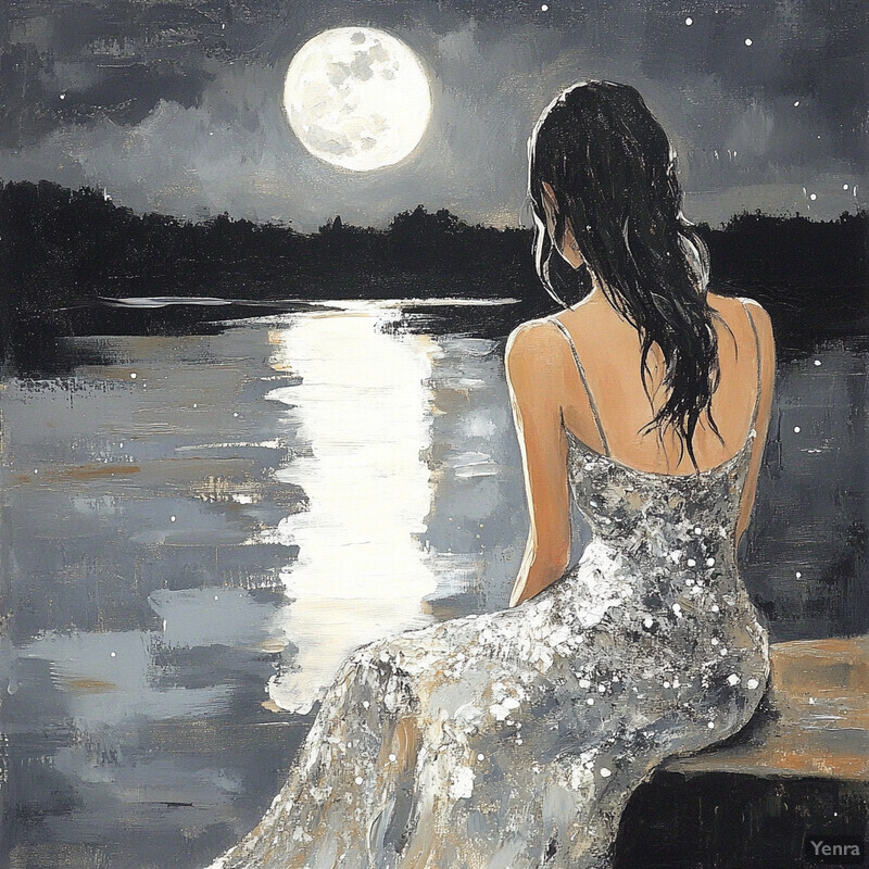 A woman sits on a bench or ledge, gazing out at a body of water under the light of a full moon