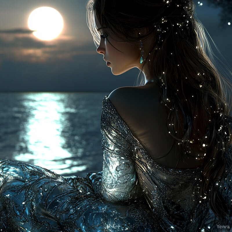 A woman gazes at the moonlit reflection on the water's surface, surrounded by a serene and enchanting atmosphere.