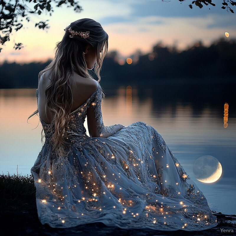 A serene and enchanting scene of a woman sitting by a body of water at dusk or dawn.