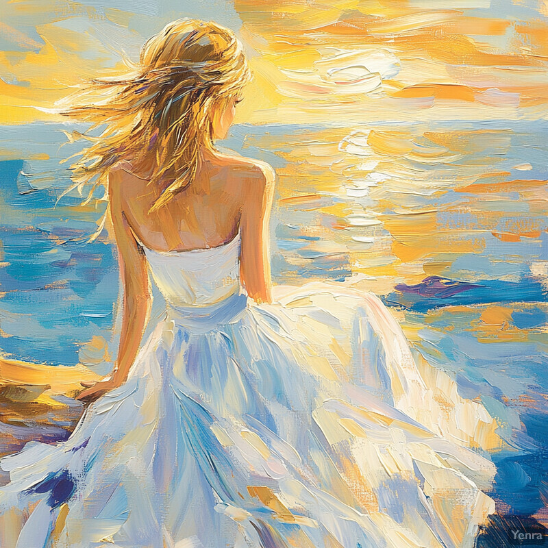 A woman in a white dress gazes out at the ocean during sunset.