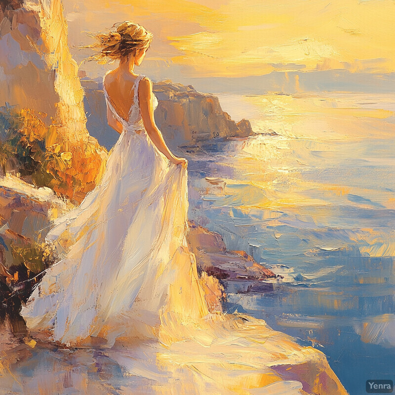 Serene ocean scene with woman in white dress