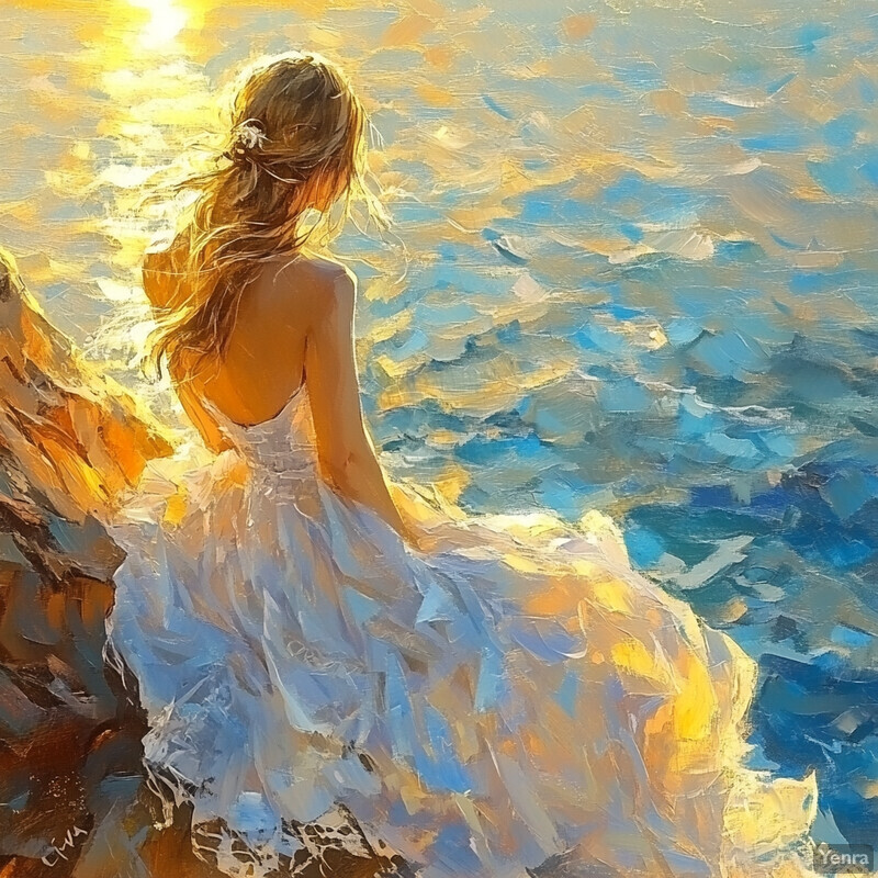 A woman in a white dress sits by the ocean at sunset, lost in thought as she gazes out at the sea.