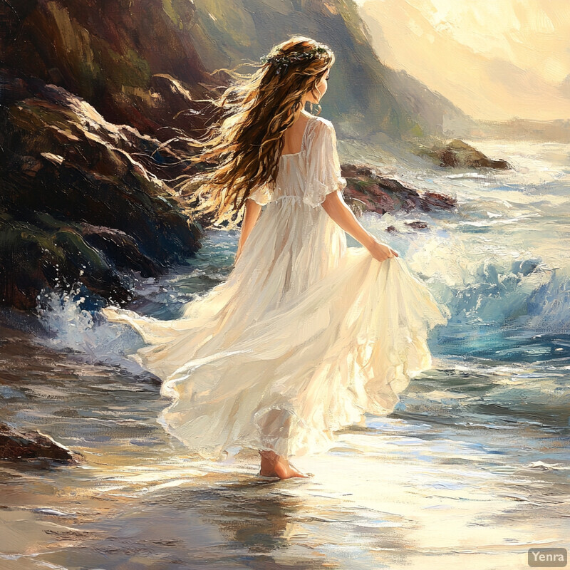 Woman standing on the shore of a body of water, possibly an ocean or sea, with flowing white dress and loose waves in her hair.