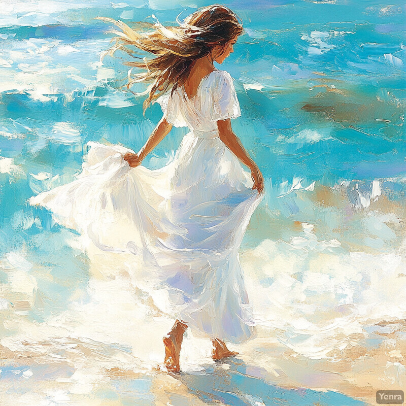 A serene painting of a woman in a white dress walking along a beach