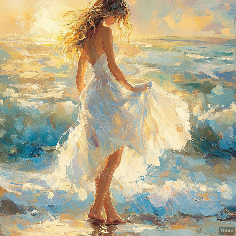 A woman in a white dress stands on the beach at sunset, surrounded by a breathtaking ocean view.