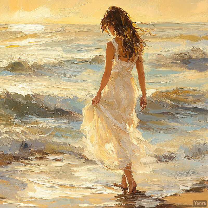 A woman in a white dress stands on a beach, gazing out at the ocean.