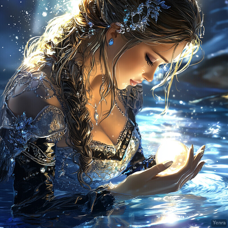 A mystical woman with silver flowers in her hair holds a glowing crystal ball, surrounded by an ethereal atmosphere.