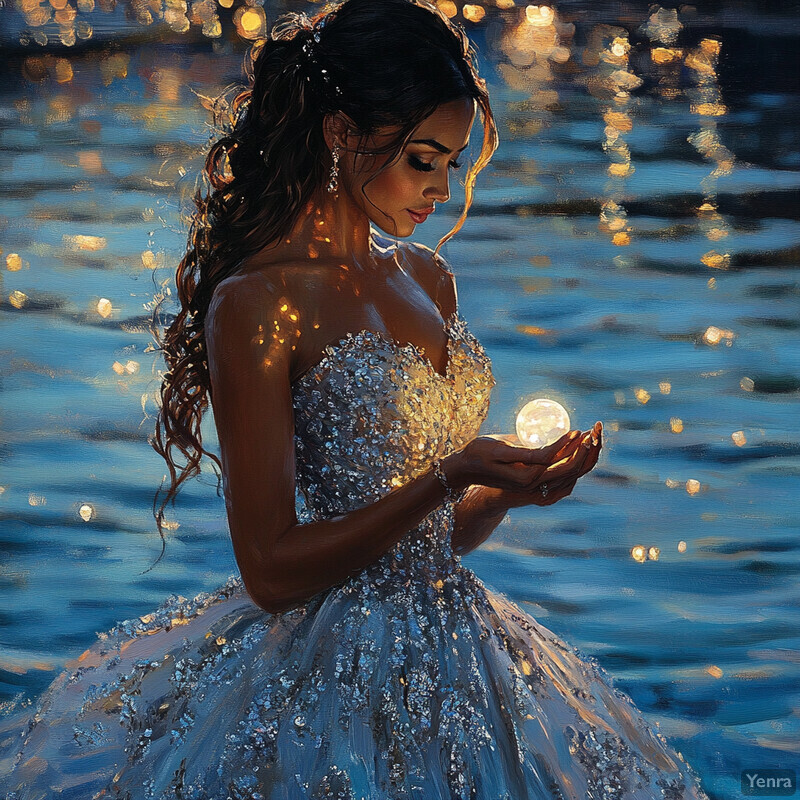 A woman stands in front of a body of water, holding a glowing orb.