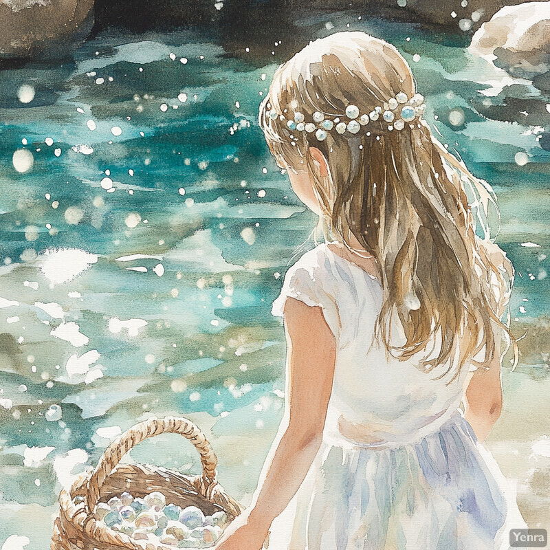 A young girl stands on the shore, gazing out at the ocean, surrounded by a serene and idyllic setting.