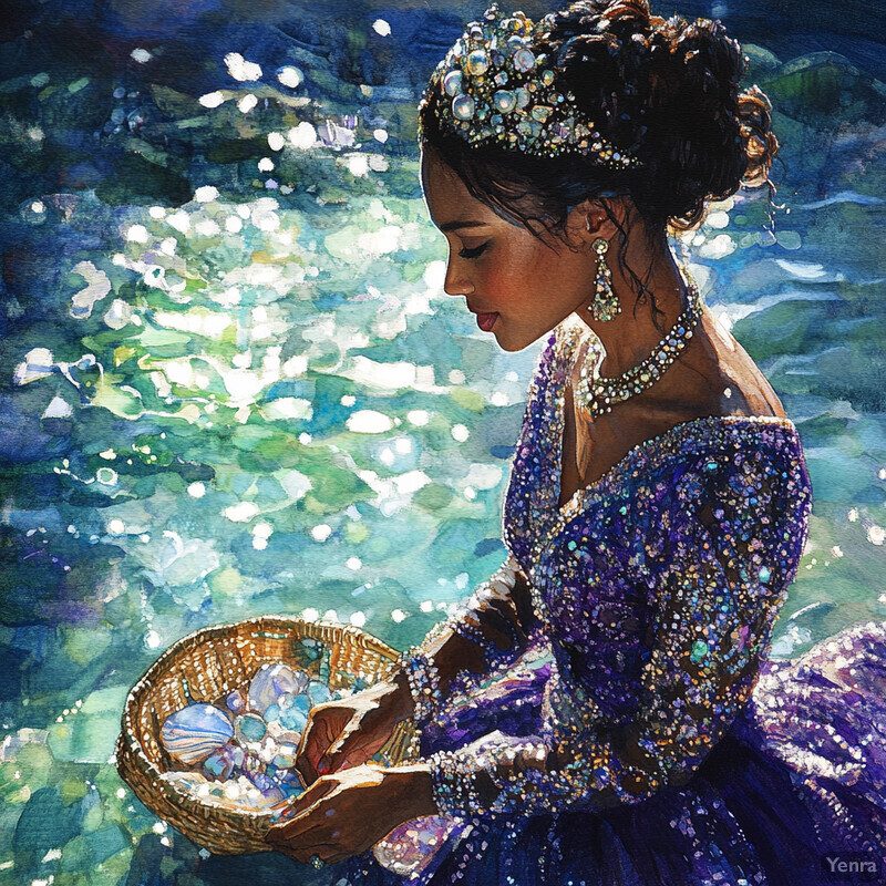 A woman dressed in purple, holding seashells and adorned with pearls, exudes elegance and refinement.