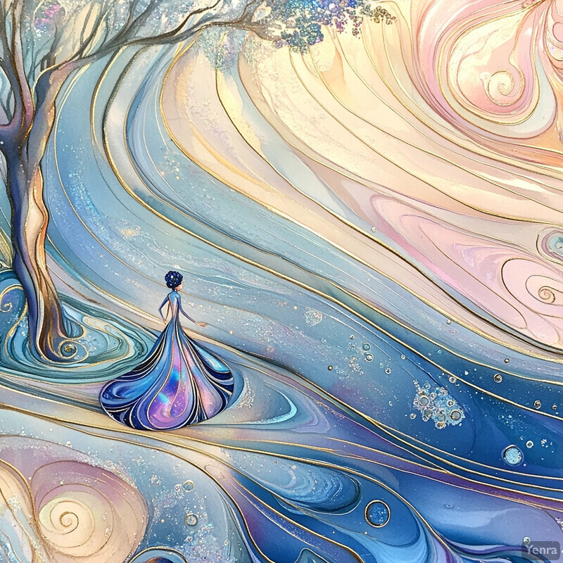 A serene and enchanting scene featuring a woman in a flowing dress standing beside a majestic tree, set against a backdrop of swirling clouds.