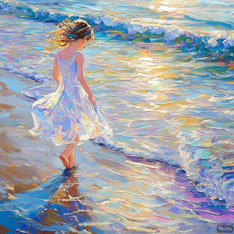 A young girl in a white dress walks into the ocean, creating a sense of movement and fluidity.