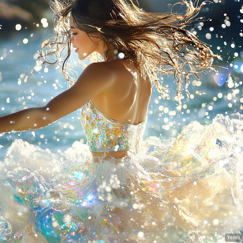 A woman in motion, surrounded by water and sunlight