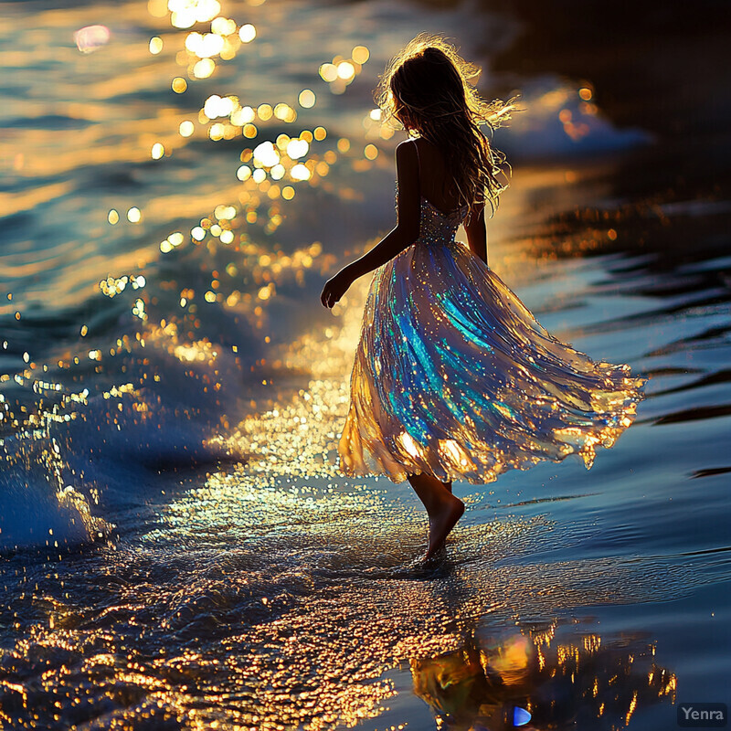 A young girl walks along the beach at sunset or sunrise, dressed in a flowing white dress with intricate lace details.