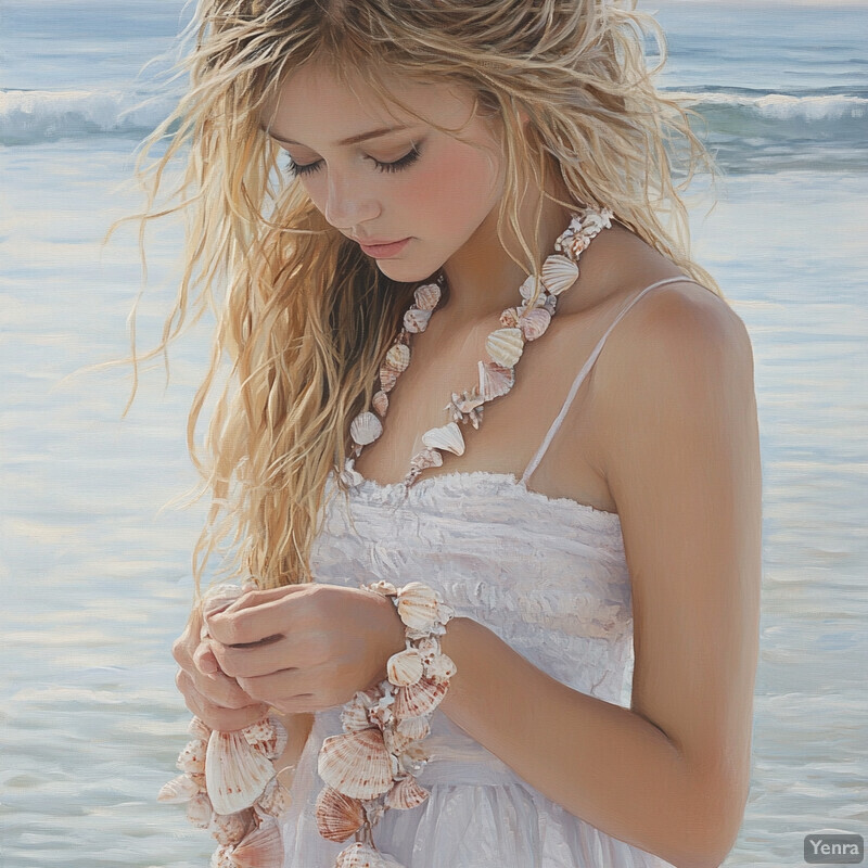 A young woman in a white dress with seashell adornments stands on the beach