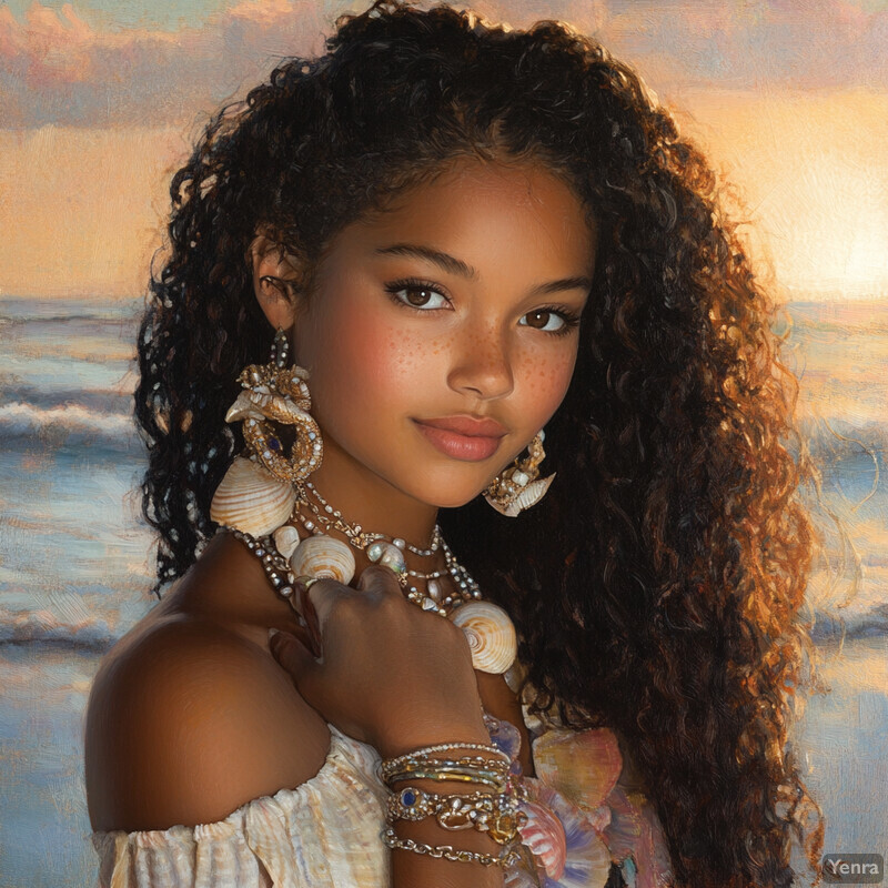 A young girl stands in front of a body of water, wearing seashell jewelry and gazing at the camera.