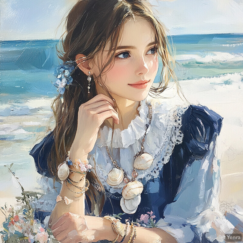 A young woman sitting on a beach, surrounded by seashells and flowers, with an ocean view in the background.