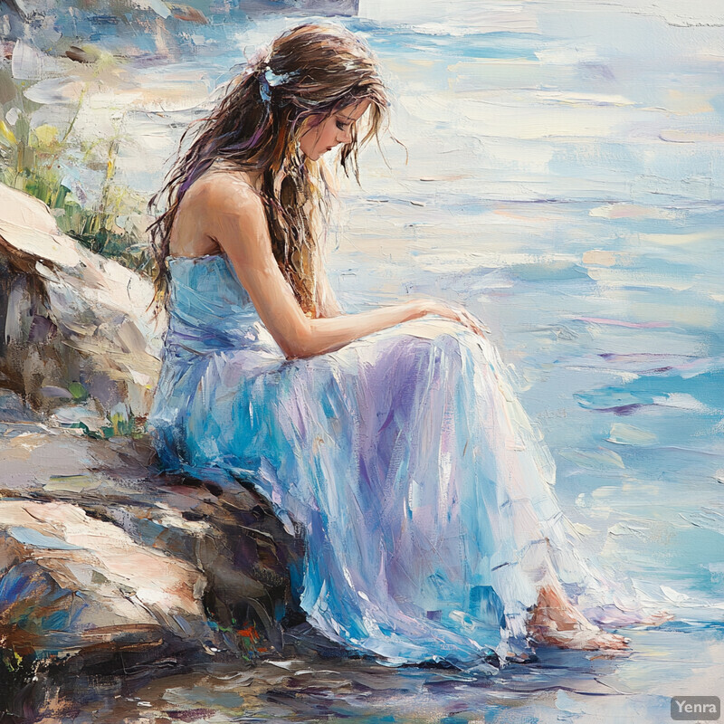 A serene painting of a woman sitting by the sea