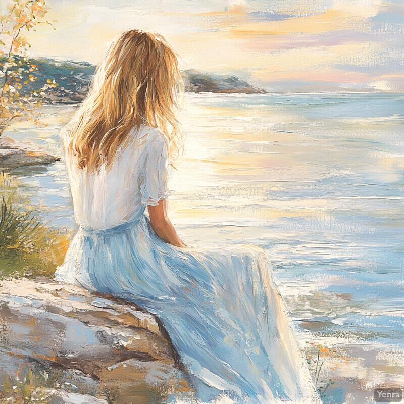 A serene painting of a woman sitting on rocks overlooking the sea