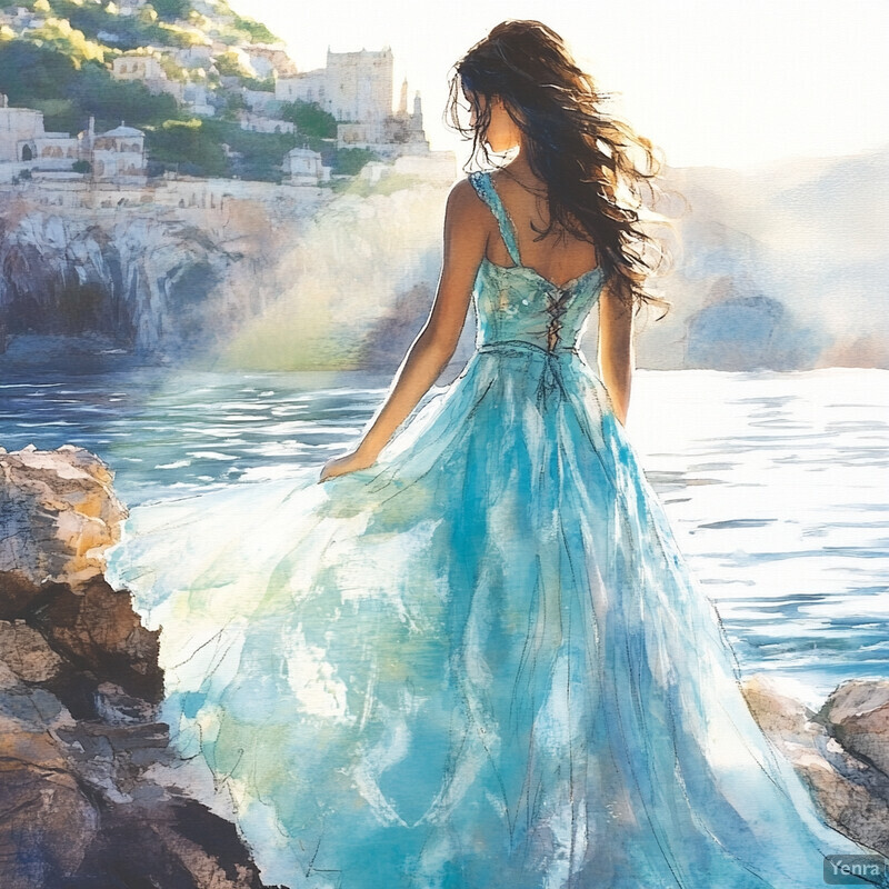 A woman in a blue dress stands on a rocky outcropping overlooking the ocean, exuding confidence and poise as she gazes out at the sea.