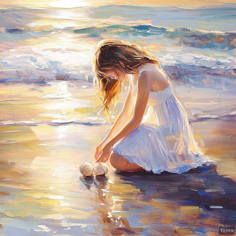 A young girl sitting on the beach surrounded by seashells