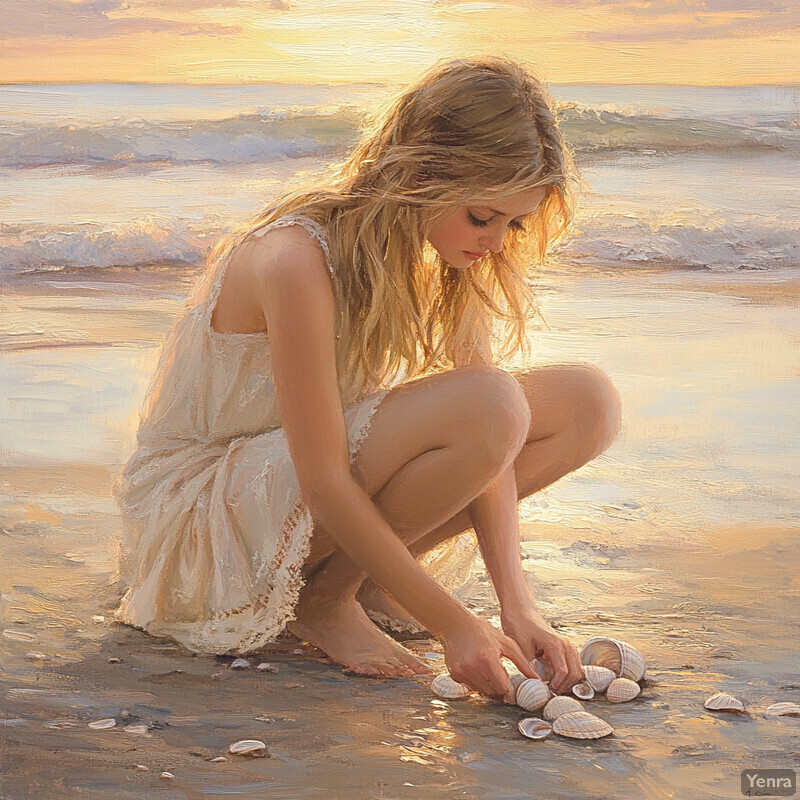 A young girl collects seashells on a beach at sunset