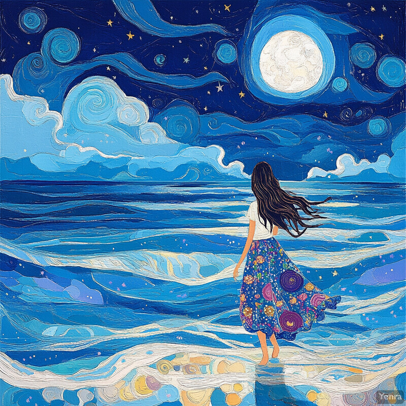 A woman stands on a beach at night, gazing out at the ocean under a starry sky.