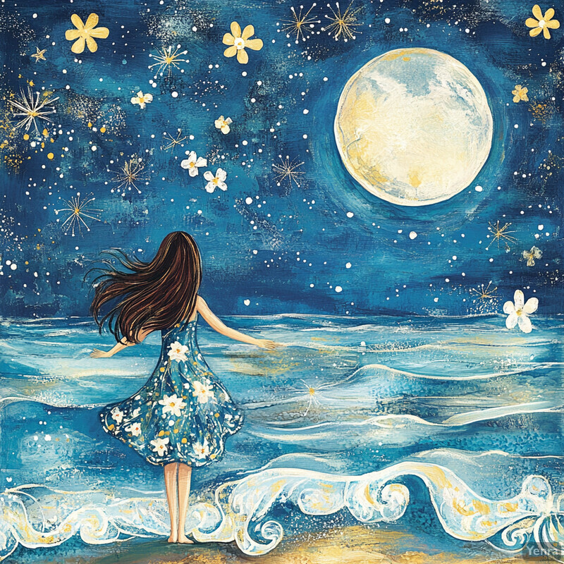 A woman stands on a beach at night, gazing up at the moon, surrounded by palm trees and waves.