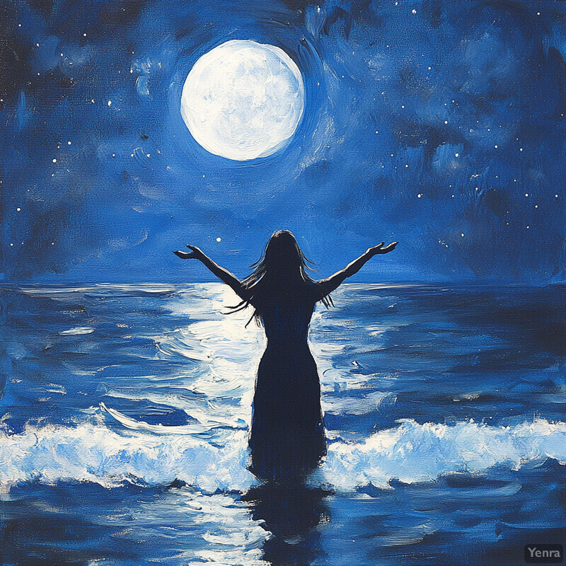 A woman stands in the ocean at night with her arms outstretched towards the sky, bathed in the light of the moon.