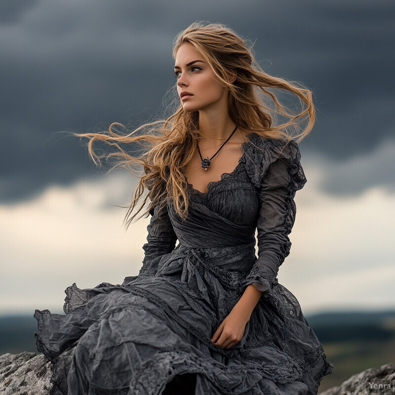 A woman sits on rocks against a cloudy sky, wearing a Victorian-style dress and looking towards the ominous clouds.