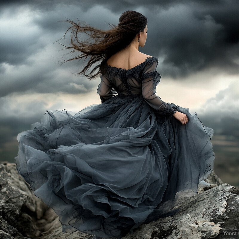 A woman in a black dress stands on a rocky outcrop under an overcast sky.