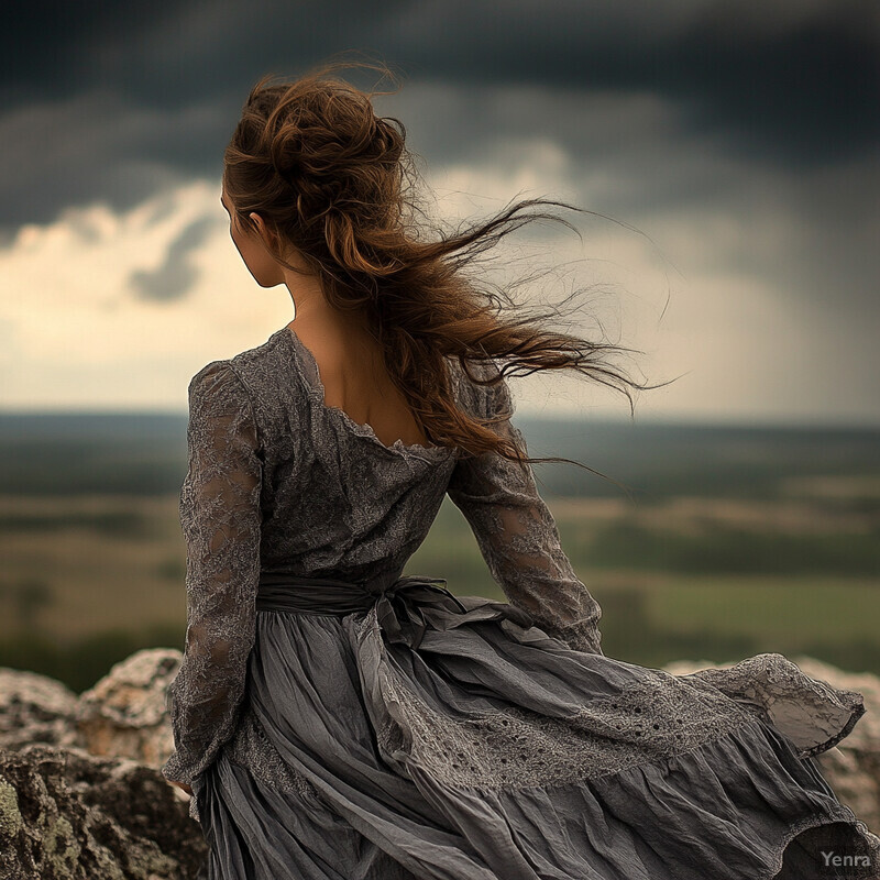 A woman stands on a rocky outcropping, gazing out at a vast landscape under a cloudy sky.