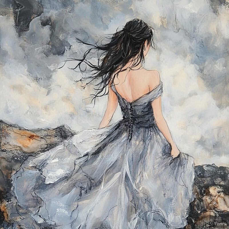 A woman stands on a rocky outcropping, gazing out at a stormy sea or sky beyond.